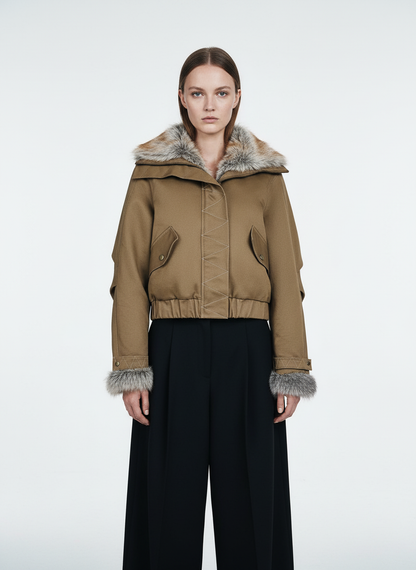 Retro Fur Collar Quilted Workwear Cotton Jacket