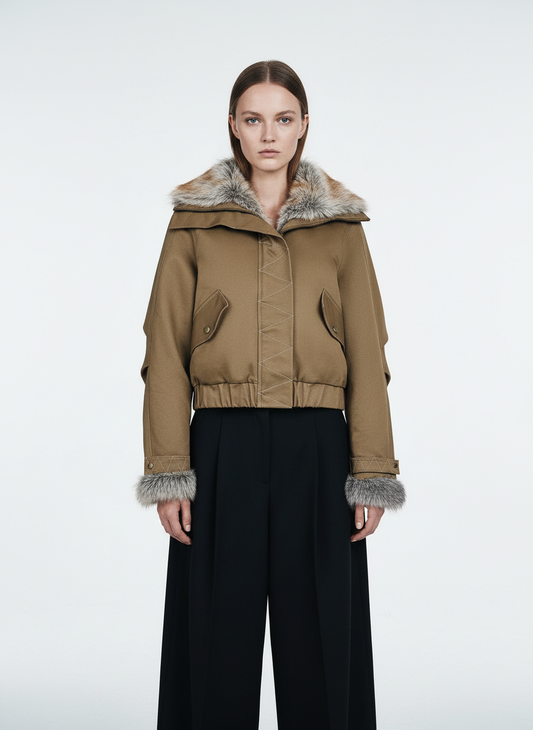 Retro Fur Collar Quilted Workwear Cotton Jacket