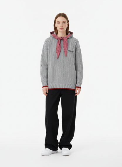 Retro Plaid Tie Hooded Knit Sweater