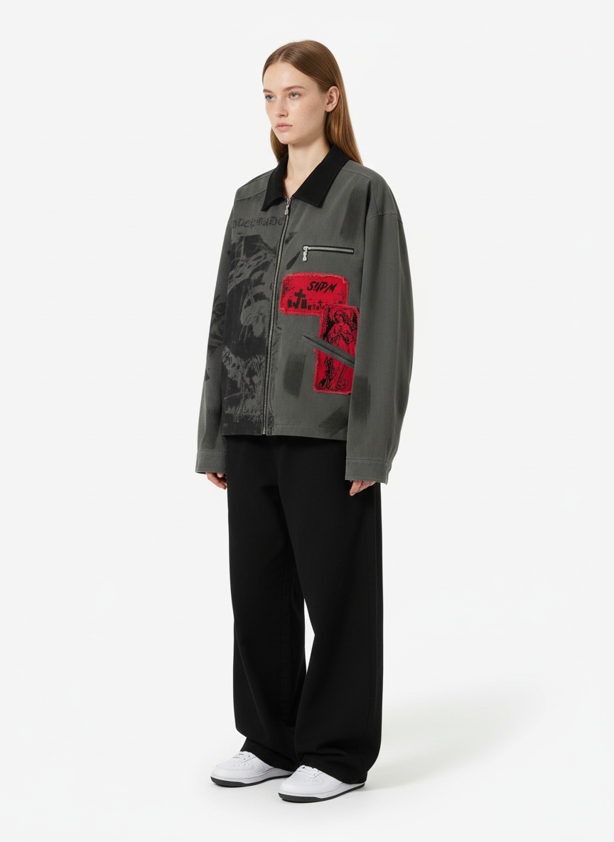 Retro Patchwork And Graphic Print Gothic Zipper Jacket