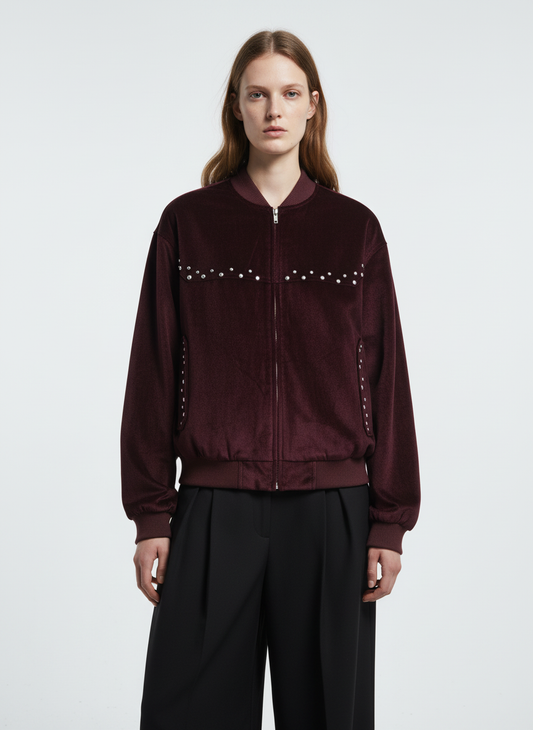 Vintage Velvet Pearl Embellished Bomber Jacket