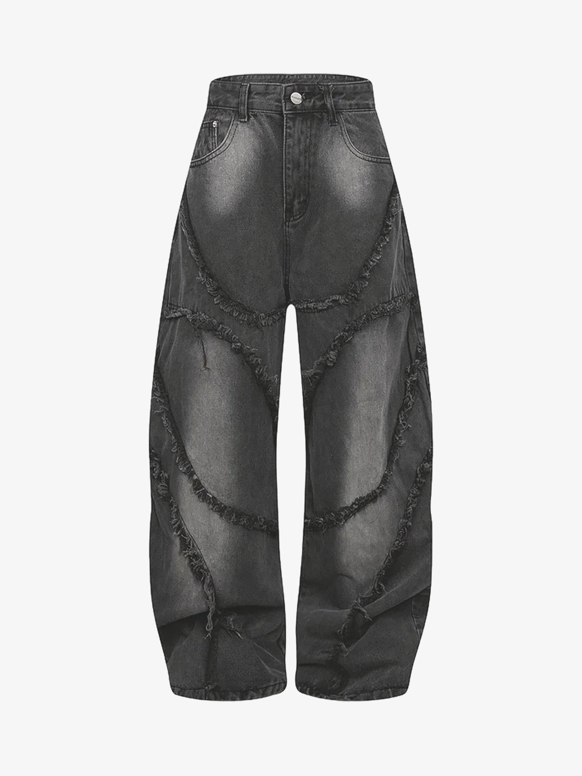 Washed Distressed Raw Edge Barrel Jeans - 2402 