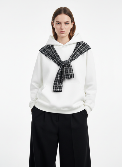 Fake Two-Piece Plaid Shirt Scarf Design Hoodie