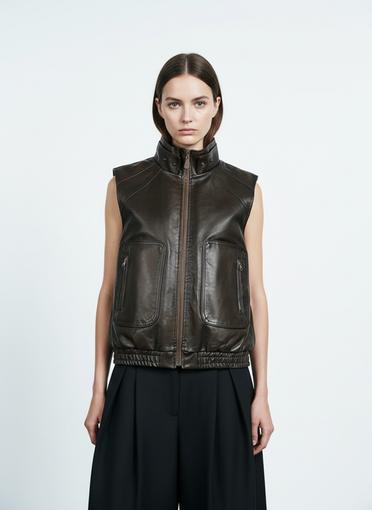 Vintage PU Leather Stand Collar Moto Workwear Vest