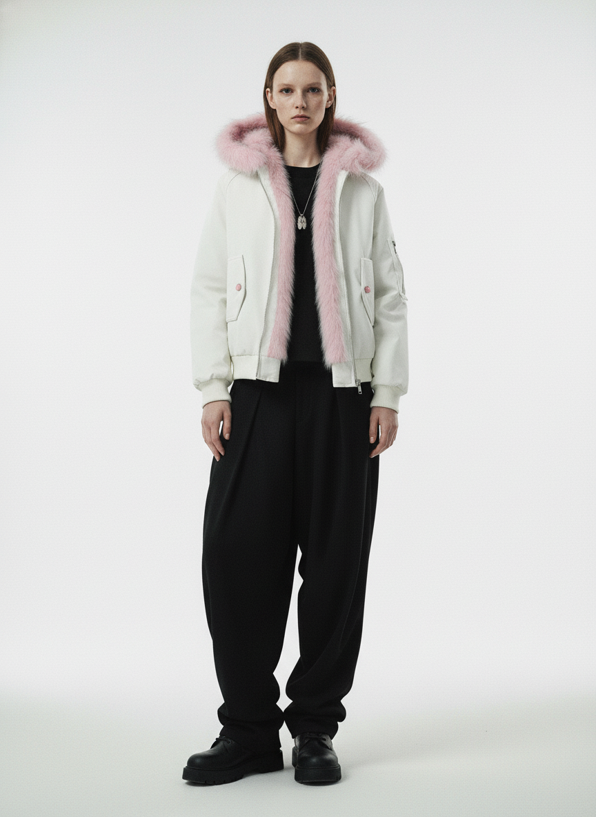 Retro Contrast Fur Collar Quilted Cotton Bomber Jacket