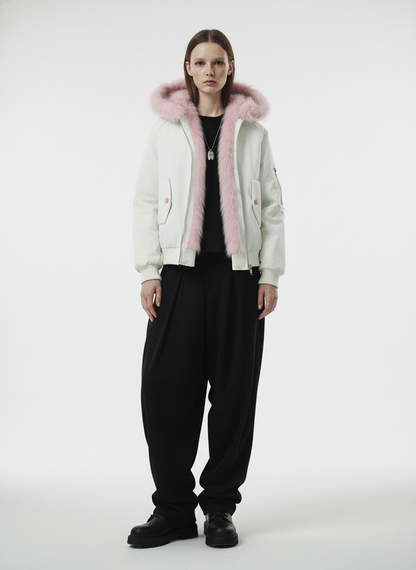 Retro Contrast Fur Collar Quilted Cotton Bomber Jacket