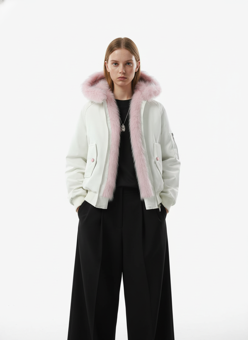 Retro Contrast Fur Collar Quilted Cotton Bomber Jacket