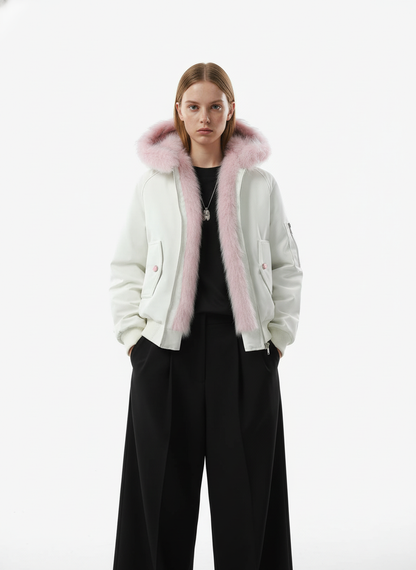 Retro Contrast Fur Collar Quilted Cotton Bomber Jacket