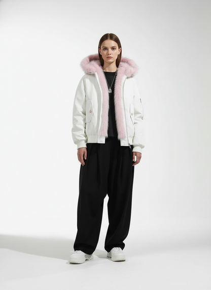 Retro Contrast Fur Collar Quilted Cotton Bomber Jacket