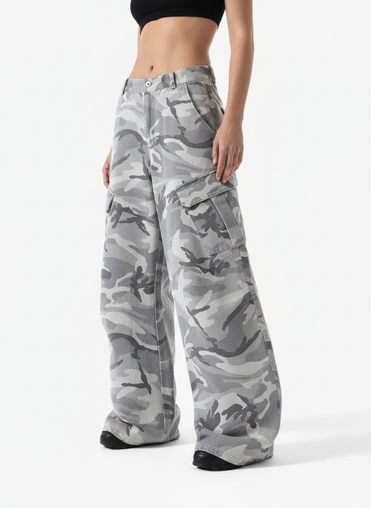 Woven Snow Camouflage Machete Wide-Leg Cargo Barrel Pants