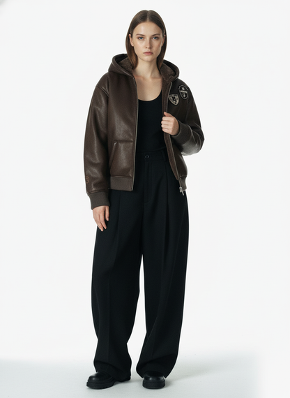 Vintage Leather Badge Fleece-lined Hooded Zip Bomber Jacket