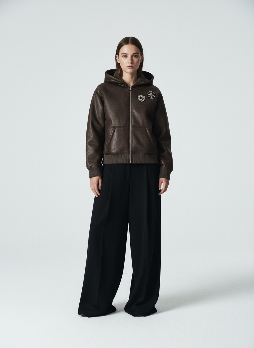 Vintage Leather Badge Fleece-lined Hooded Zip Bomber Jacket