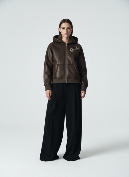 Vintage Leather Badge Fleece-lined Hooded Zip Bomber Jacket