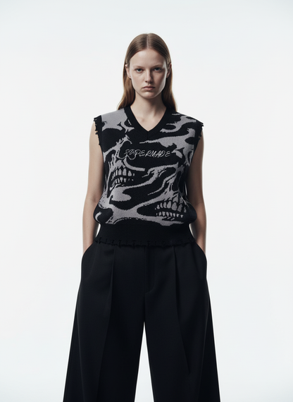 High Street Dark Skull Frayed-edge V-neck Sweater Vest