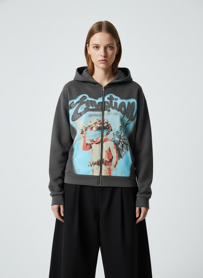 Vintage Blindfolded Angel Rhinestone Zip-Up Hoodie