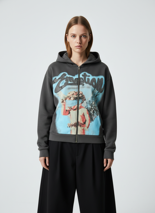 Vintage Blindfolded Angel Rhinestone Zip-Up Hoodie