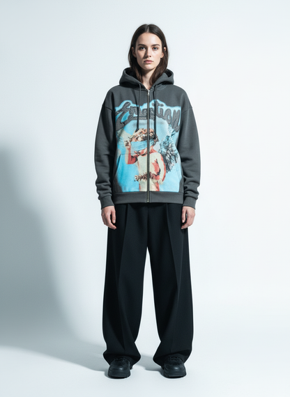 Vintage Blindfolded Angel Rhinestone Zip-Up Hoodie