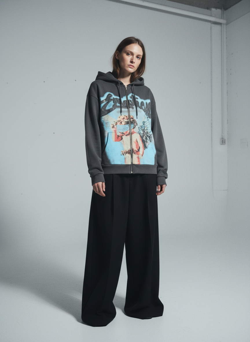 Vintage Blindfolded Angel Rhinestone Zip-Up Hoodie