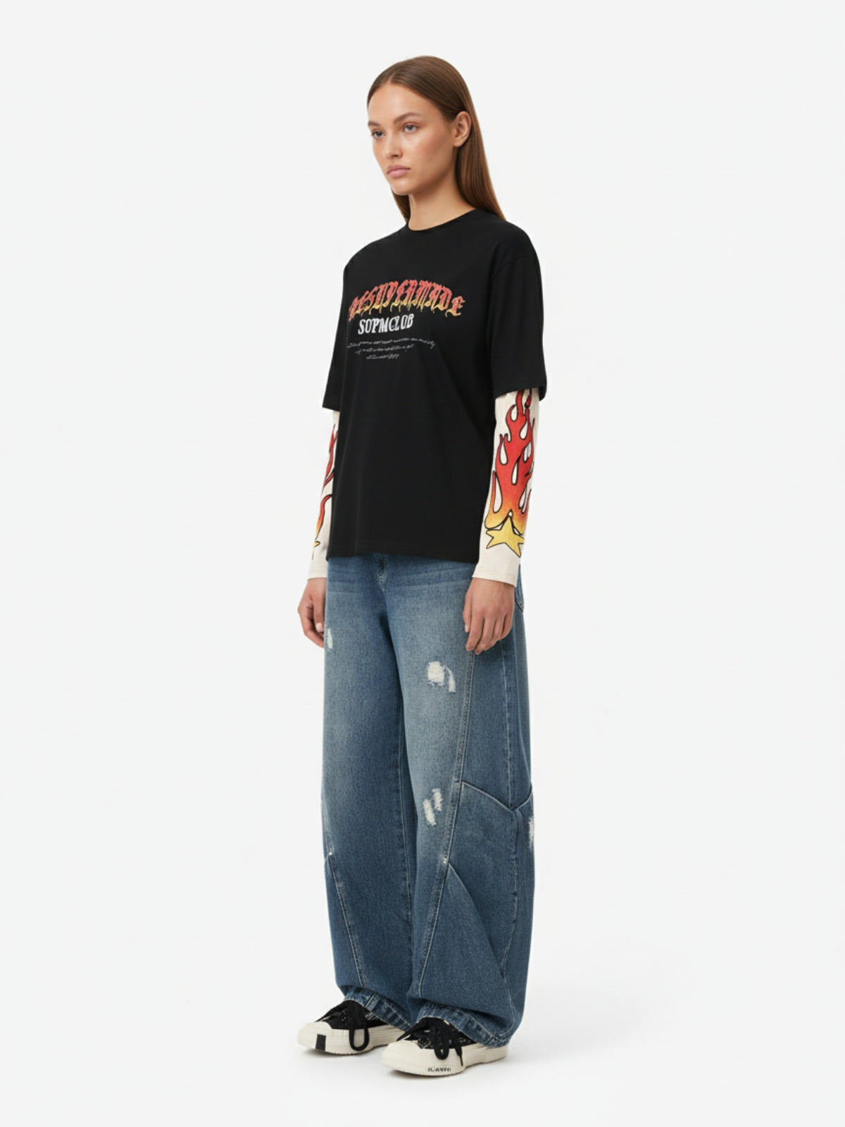 Gradient Letter Print Patchwork Faux Two-Piece Long-Sleeved T-Shirt
