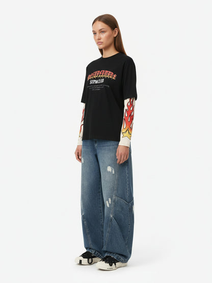 Gradient Letter Print Patchwork Faux Two-Piece Long-Sleeved T-Shirt