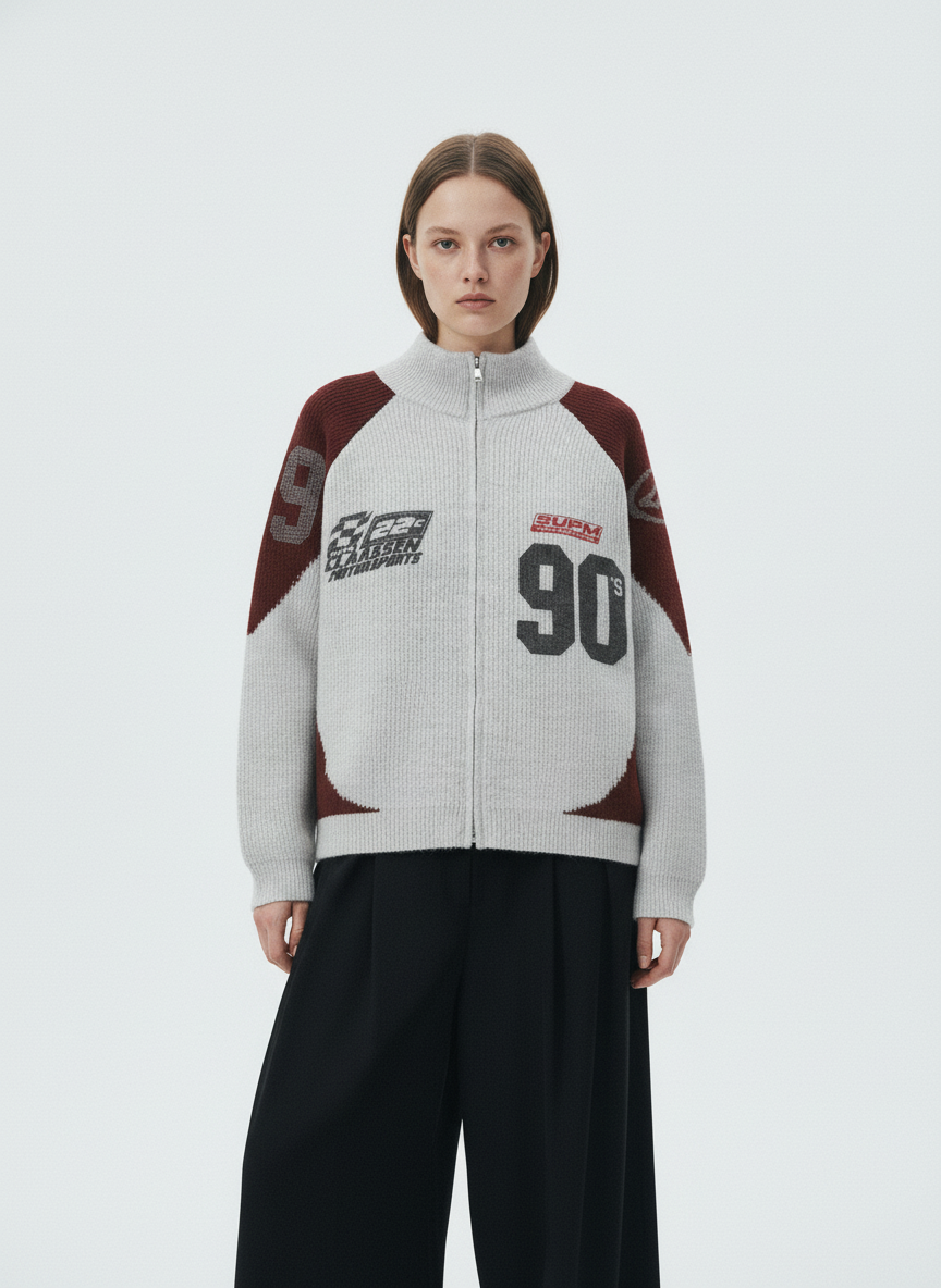 High Street Biker Style Patchwork Zip-up Knitted Jacket