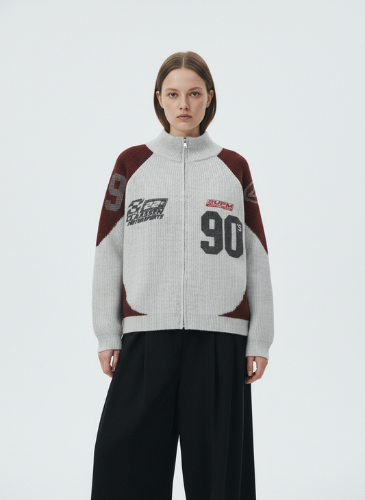 High Street Biker Style Patchwork Zip-up Knitted Jacket