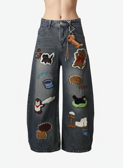 Retro Cartoon Graphic Heavy Embroidery Barrel Jeans