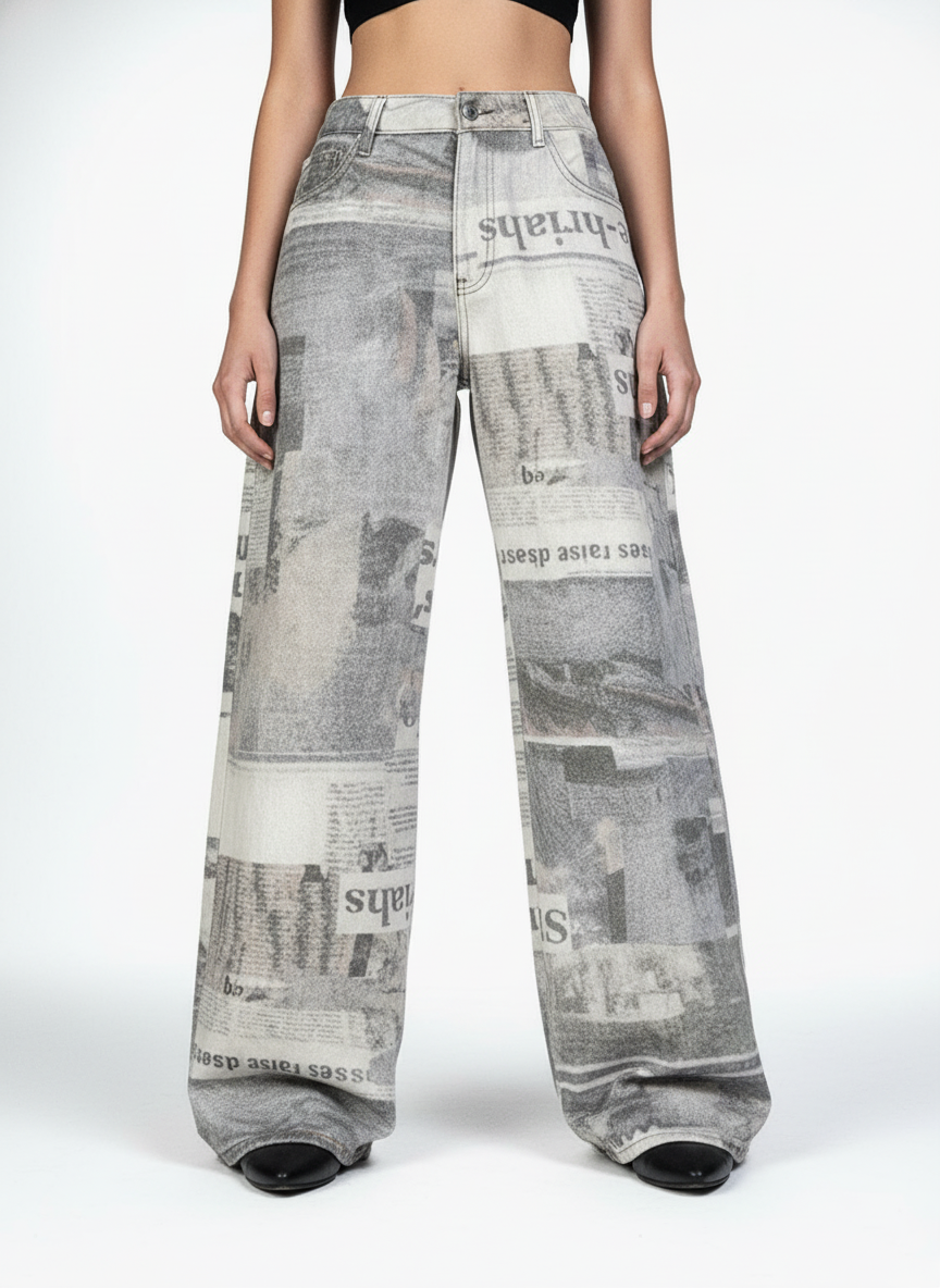 Graffiti Newspaper Baggy Jeans - 2404