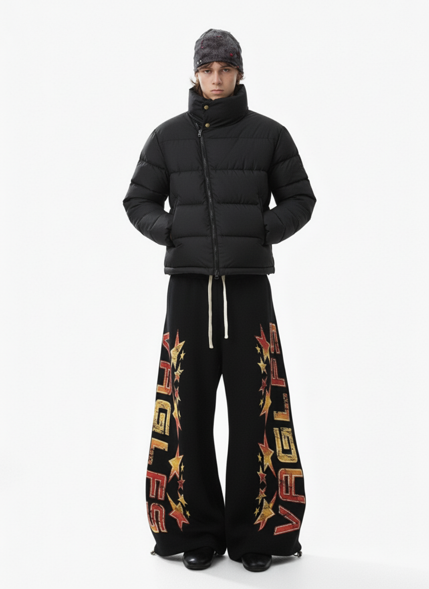 Retro Contrast Letter Star Print Fleece-Lined Sweatpants