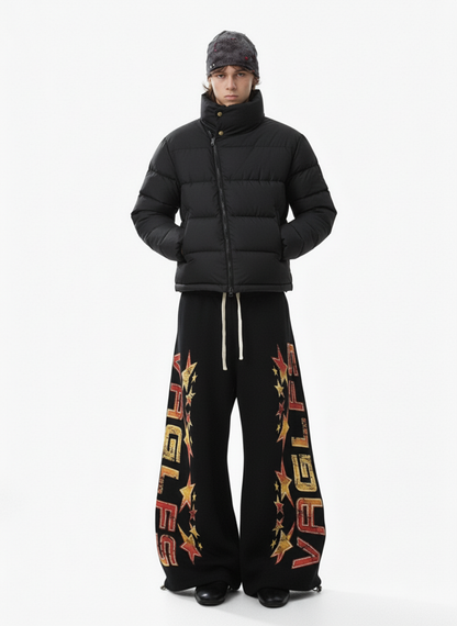 Retro Contrast Letter Star Print Fleece-Lined Sweatpants