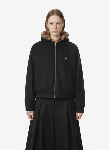 Tiger Print With Ears Hooded Fur Jacket