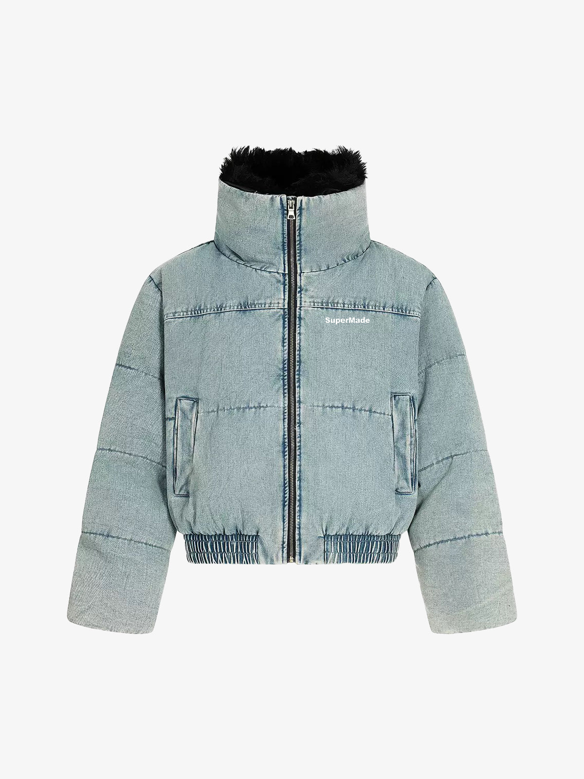 Retro Washed Denim Faux Fur Collar Quilted Jacket
