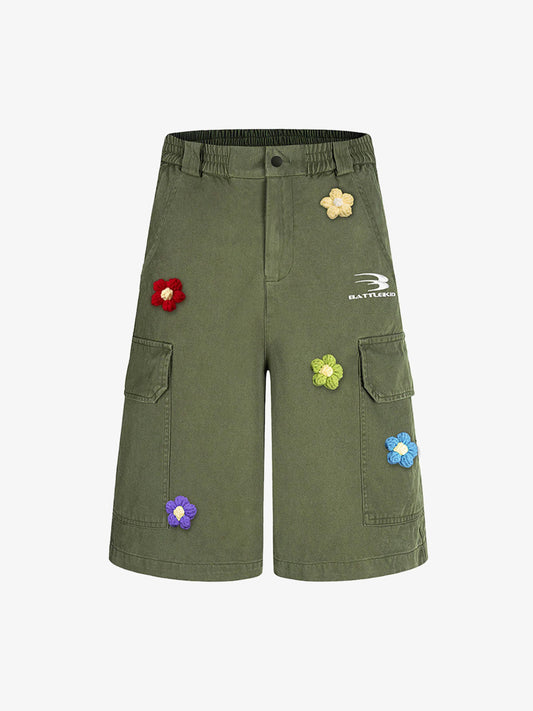 Retro Floral Embroidered Pleated Multi-Pocket Cargo Jorts 