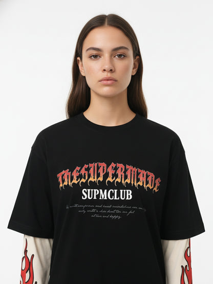 Gradient Letter Print Patchwork Faux Two-Piece Long-Sleeved T-Shirt