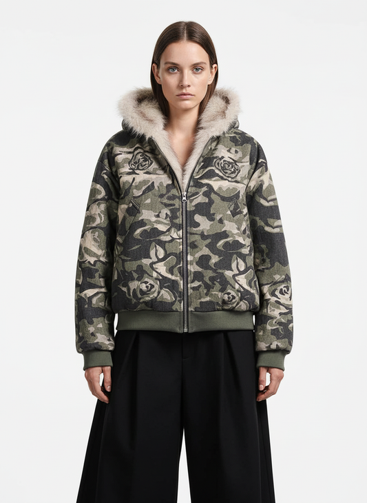 Thesupermade Camouflage Fur Hooded Jacket - 2353