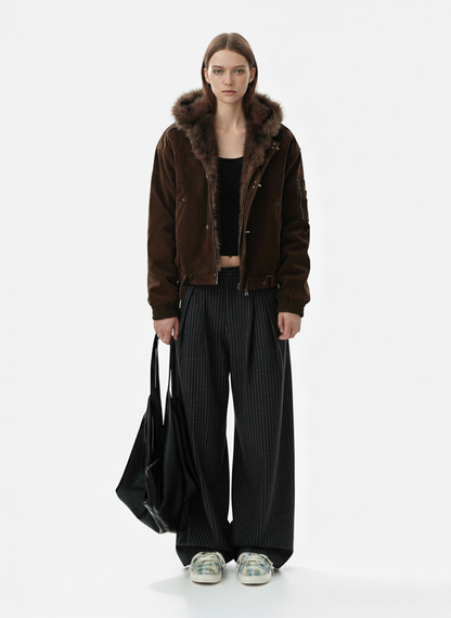 Vintage Pinstripe Pleated Wide-Leg Barrel Pants