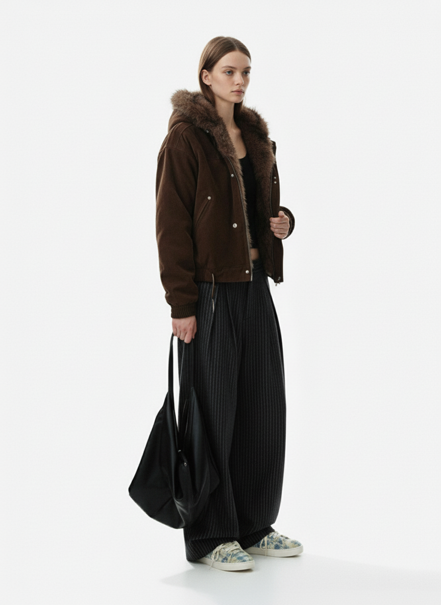 Vintage Pinstripe Pleated Wide-Leg Barrel Pants