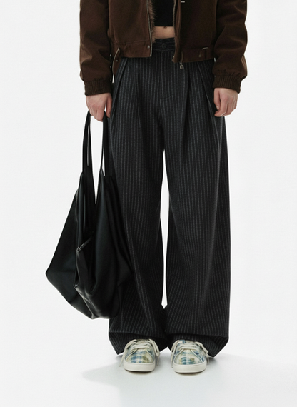 Vintage Pinstripe Pleated Wide-Leg Barrel Pants
