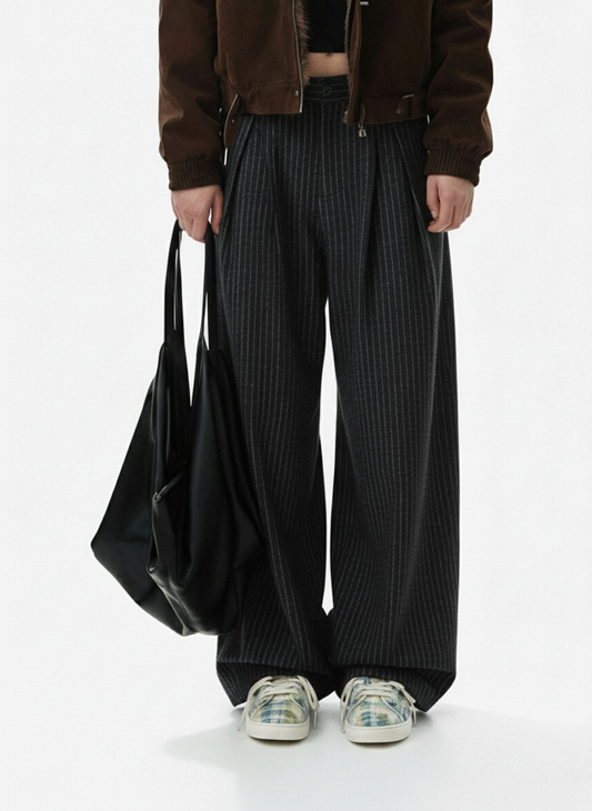 Vintage Pinstripe Pleated Wide-Leg Barrel Pants