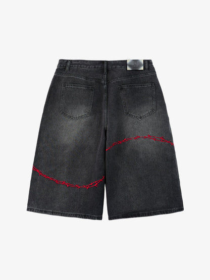 Denim Shorts with Barbed Wire Embroidery and Ripped Details for Men?