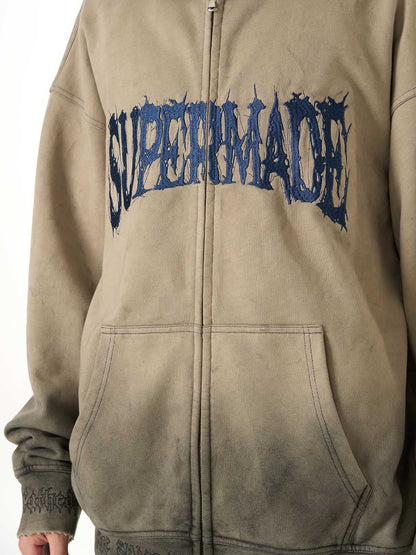 SUPERMADE Embroidered Distressed Spray-Painted Hooded Sweatshirt 