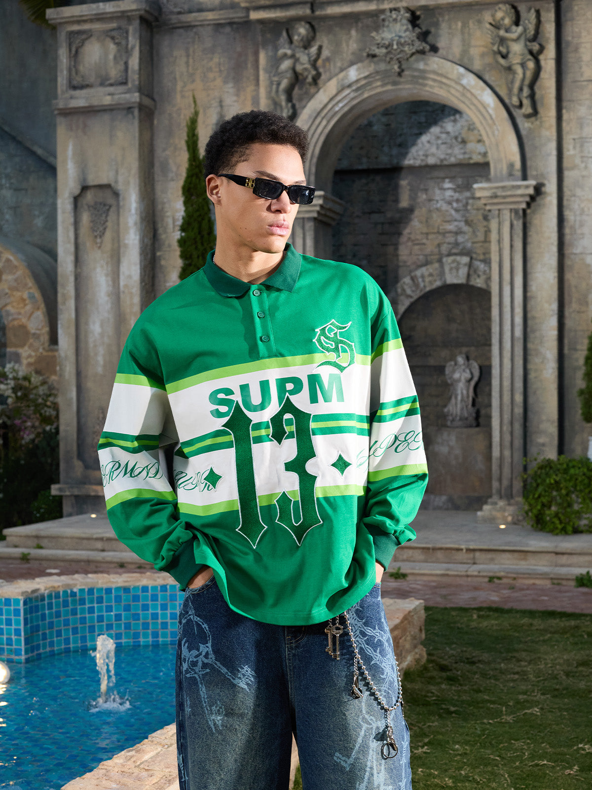 Supermade Color-Blocked Polo Collar Embroidered Print Long-Sleeved Jersey?