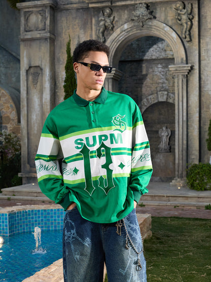 Supermade Color-Blocked Polo Collar Embroidered Print Long-Sleeved Jersey?