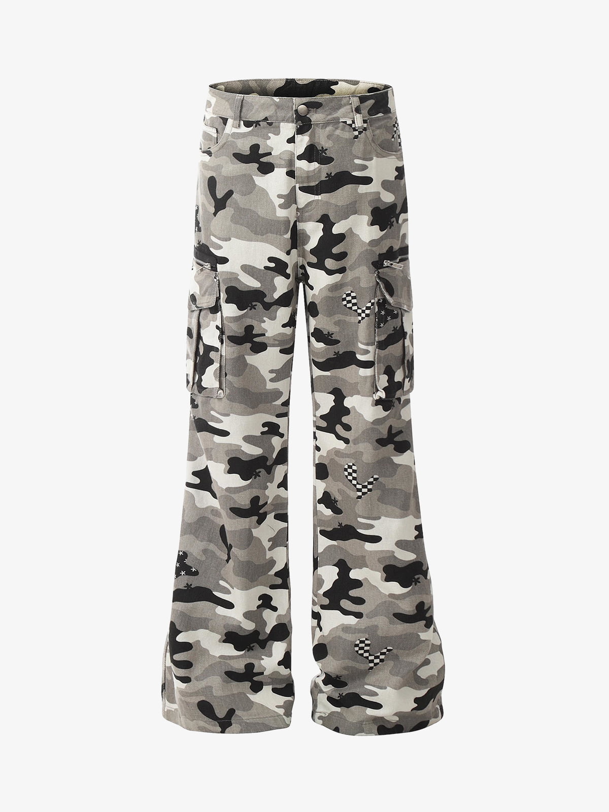 Cotton Camouflage Cargo Pants with Wide Leg and Checkerboard Patches?