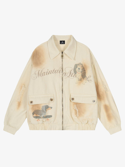 Distressed Graphic Jacket with Unique Dog Illustrations 