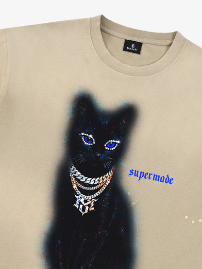 Cotton Black Cat Graphic T-Shirt with Chain Print and Splatter Design?