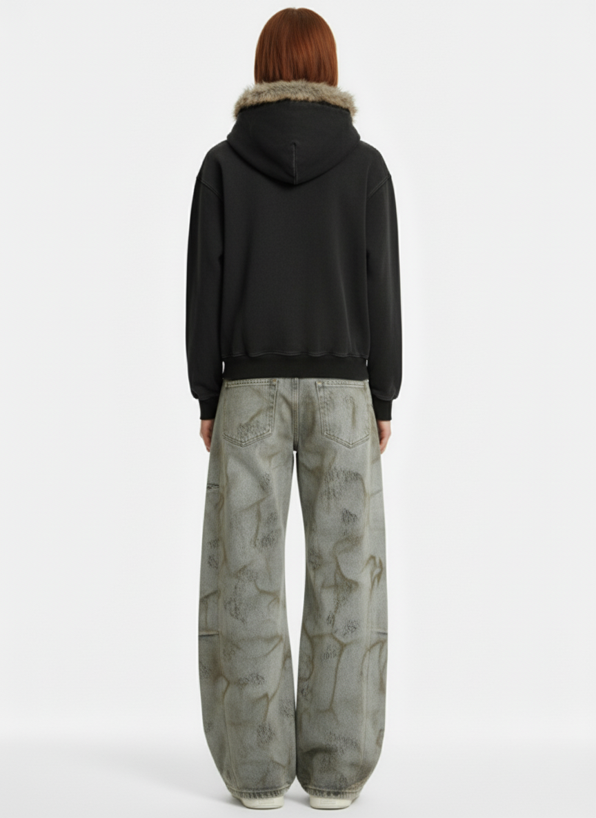 Retro Chain-Decorated Washed Fur Collar Hooded Jacket