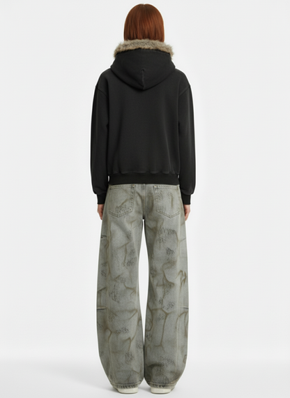 Retro Chain-Decorated Washed Fur Collar Hooded Jacket