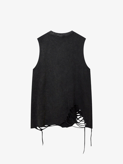 Cotton Ripped Sleeveless Tank Top with Frayed Hem and Cut-Out Details for Edgy Streetwear Style 