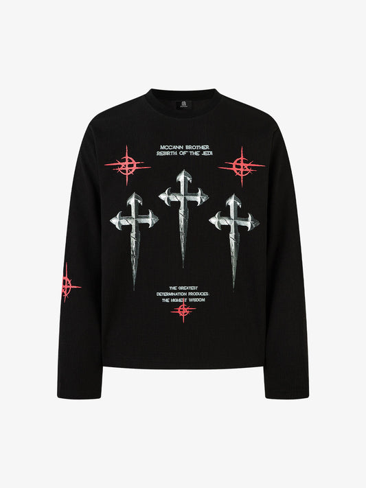 Letter Print Waffle Cross Long-sleeved T-shirt 